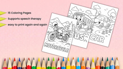 Transportation Coloring Pages Printable PDF | Vehicle Vocabulary Worksheets | Speech Therapy & ESL | Kids