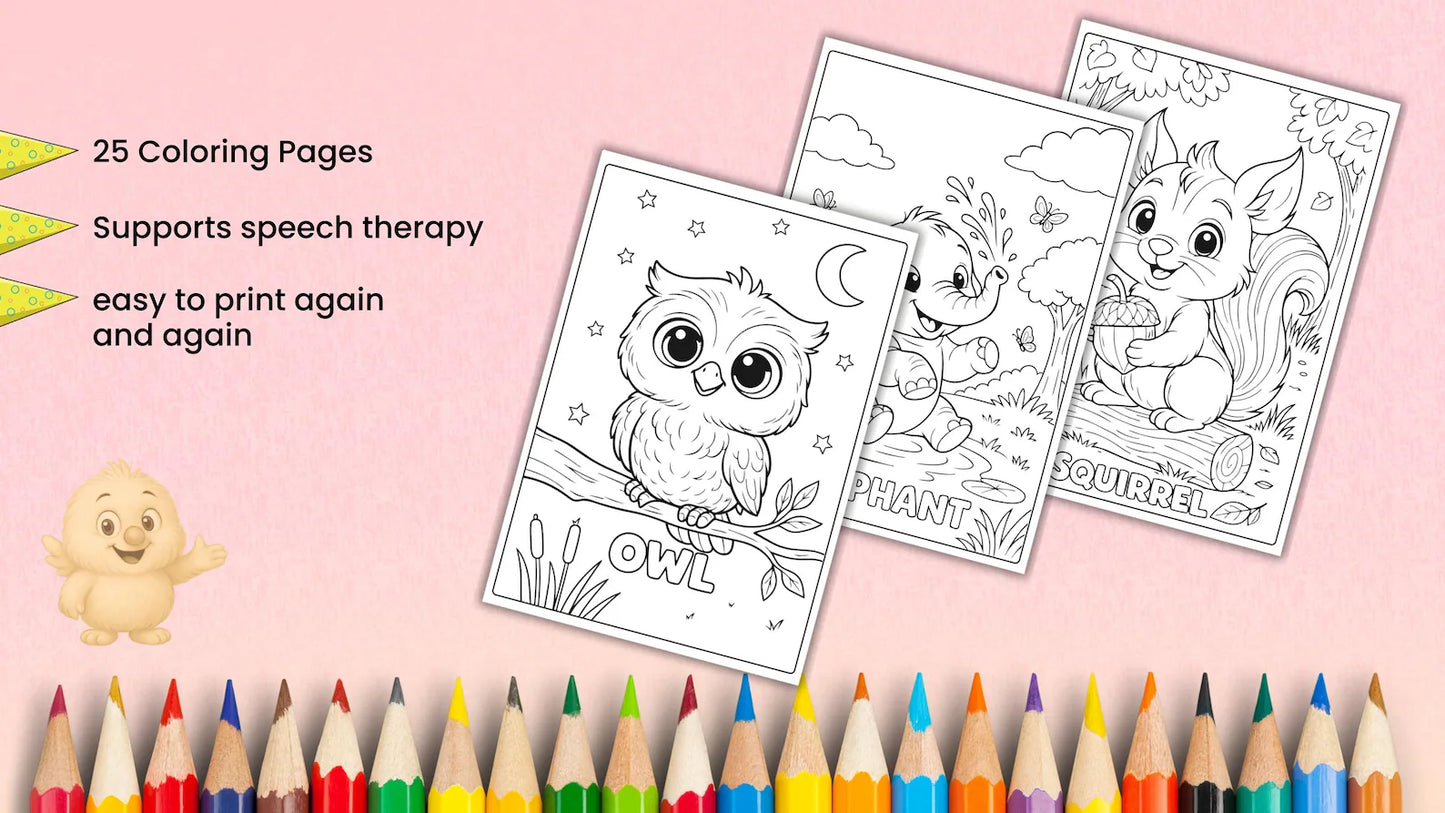 Animal Coloring book Printable PDF | 25 Coloring Pages | Easy Bold Outlines | Kids Activity