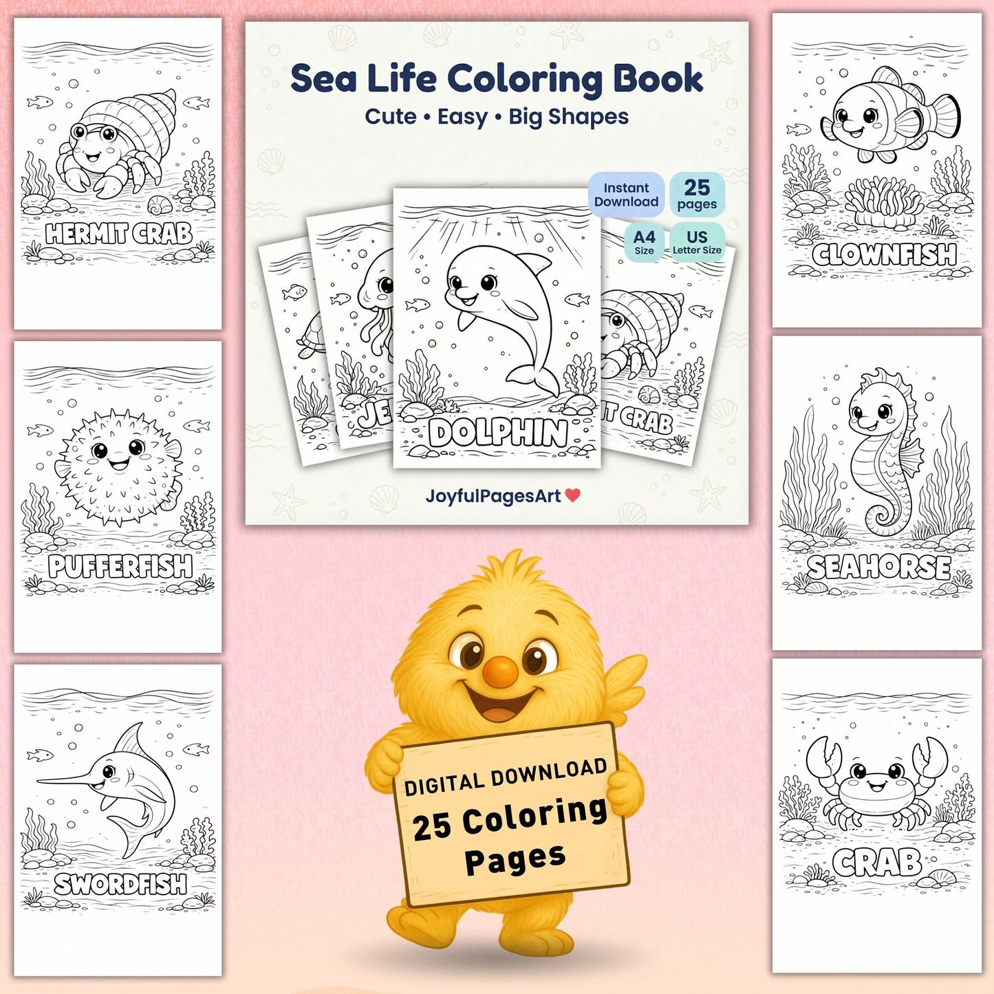 Ocean Animals Coloring Pages with Names | Sea Life Coloring Book for Kids | Bold & Easy